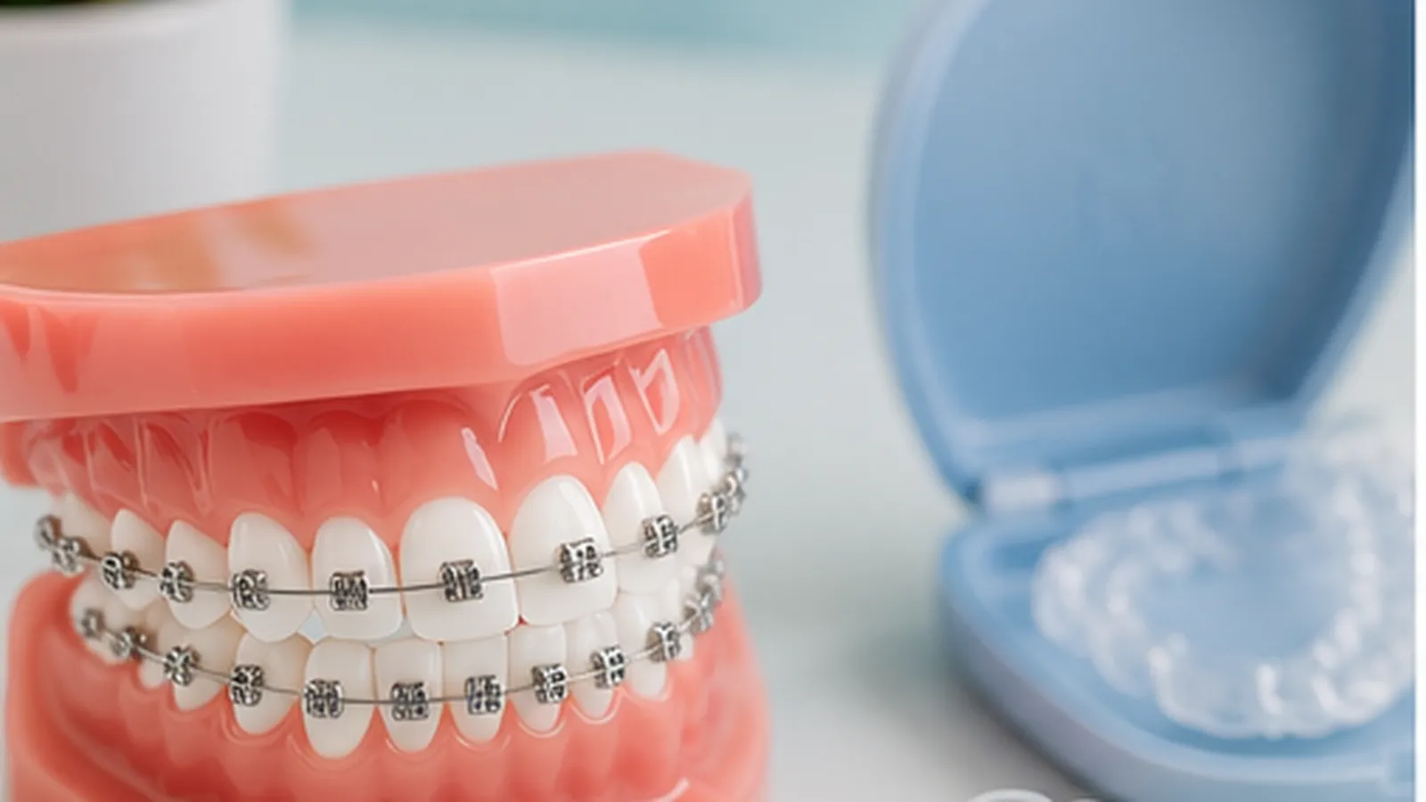 Modelo dental con brackets metálicos junto a un estuche con alineadores transparentes