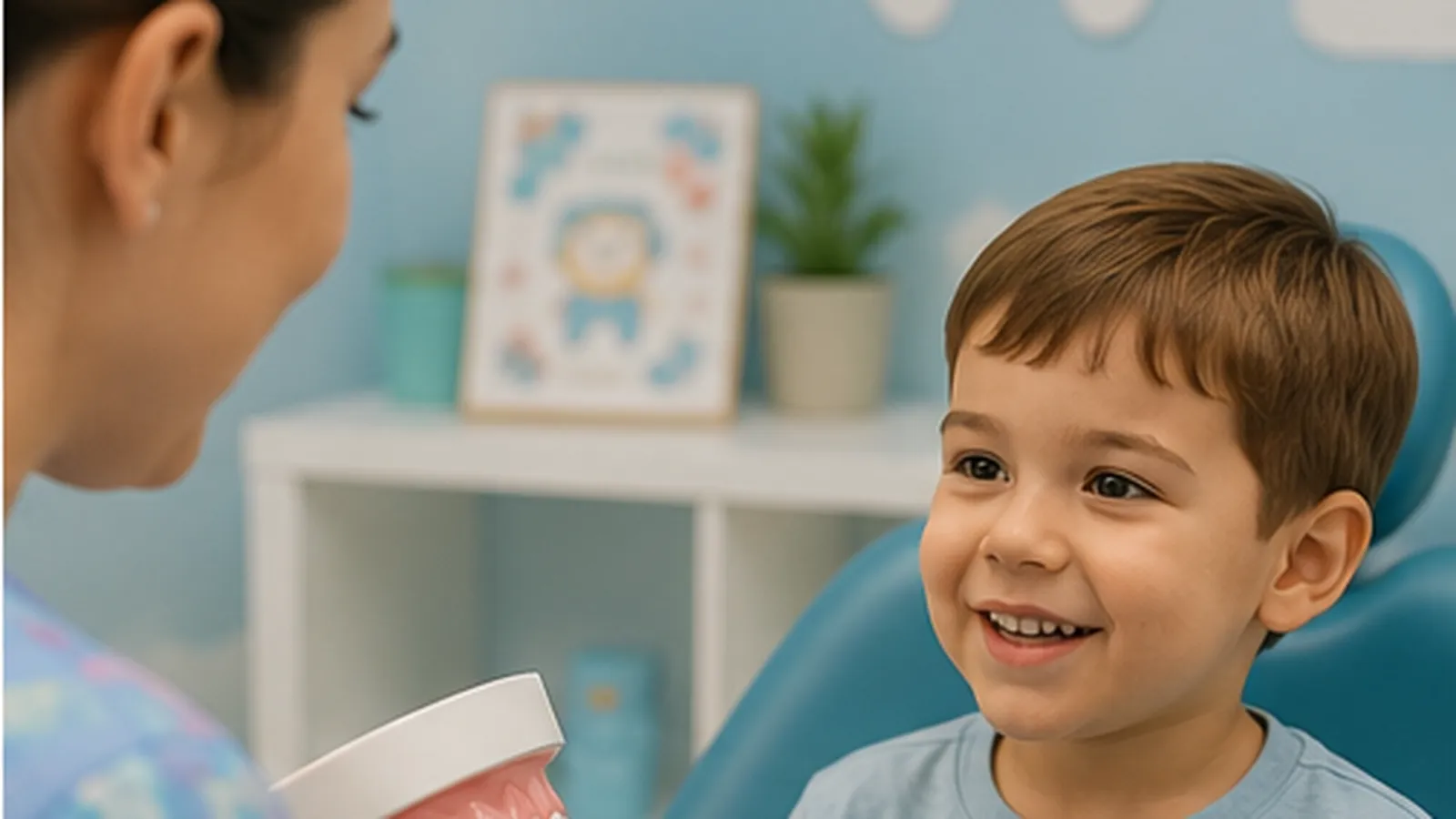 Niño sonriendo en el sillón dental mientras la odontóloga le muestra un modelo de dientes